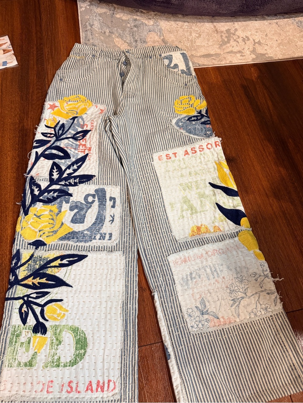 We the free lost and found boyfriend jeans patchwork blue stripe